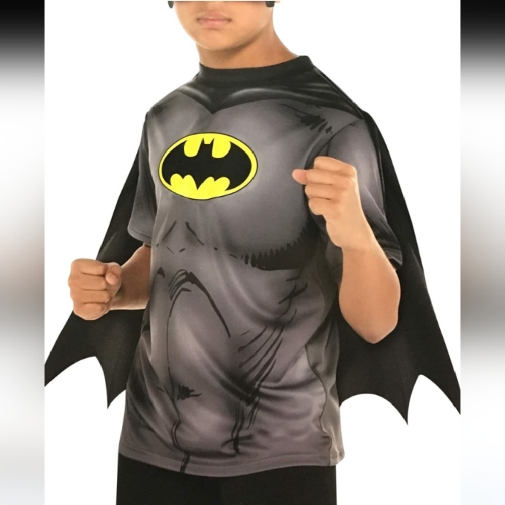 🆕 DC Comics Batman Gray Black, Boys Batman Shirt with Detachable Cape, L/XL